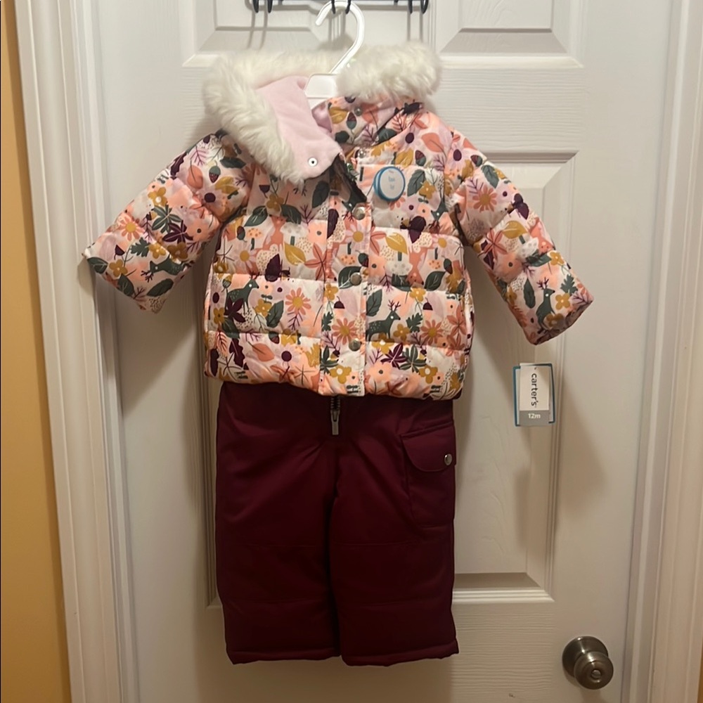 Carter's Girls Pink Floral Hooded Puffer Jacket And Snow Pants